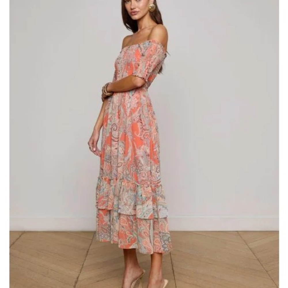 L'AGENCE Coral and Cream Paisley Off-Shoulder Midi Dress